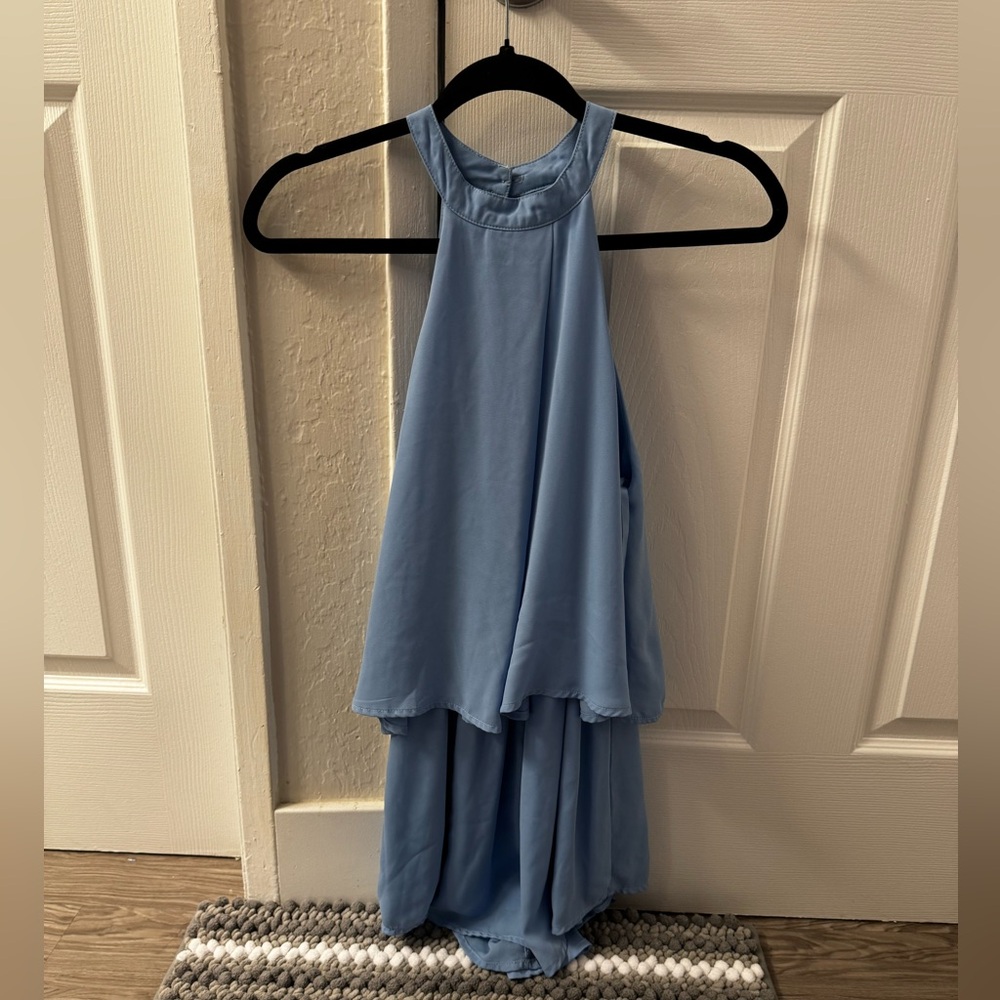 She + Sky Light Blue Backless Romper, size Small